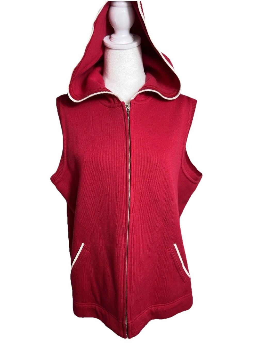 Vintage TALBOTS Womens Large Red Knit Sleeveless Full Zip Hooded Sweater